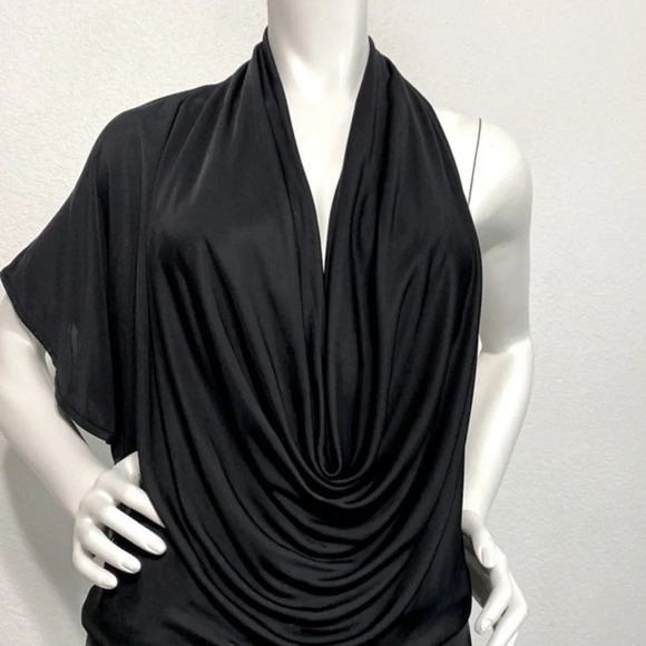 Black Halo Draped Ruched One Shoulder Short Sleeve Halter Mini Dress Size M - Picture 5 of 5
